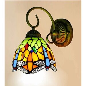 Vintage Tiffany Style Wall Lamp Fixture Stained Glass Dragonfly Wall Sconce READ
